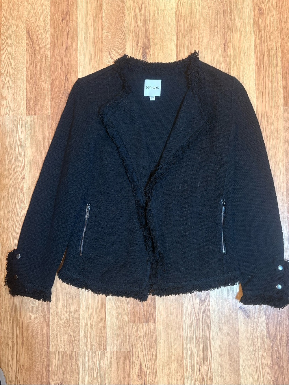 NIC+ZOE Black Onyx Fringe Knit Open Front Cardigan Jacket Zipper Pockets XS - Picture 2 of 7